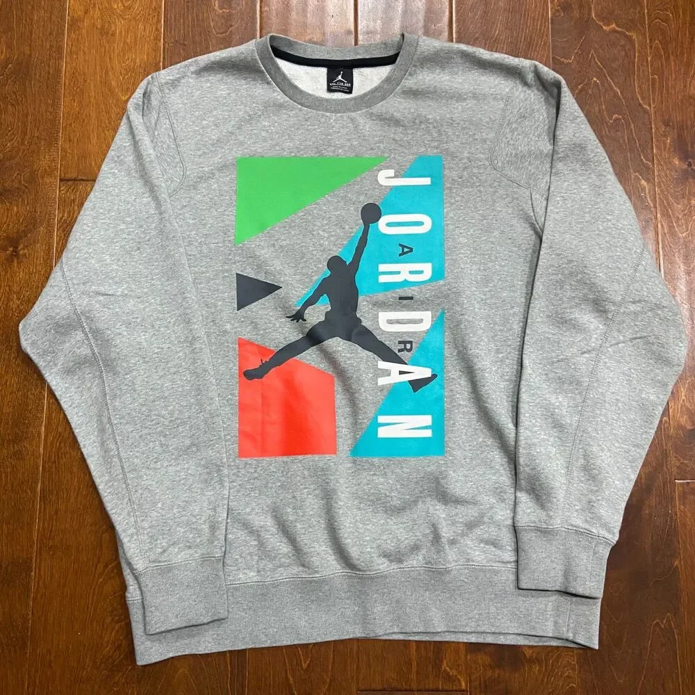 Jordan Block Fleece Crewneck Sweatshirt Gray Multi Cotton Blend Men's Size XXL